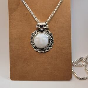 Vintage Silver Necklace with Moon Face Pendant Mother of Pearl and Purple Gem